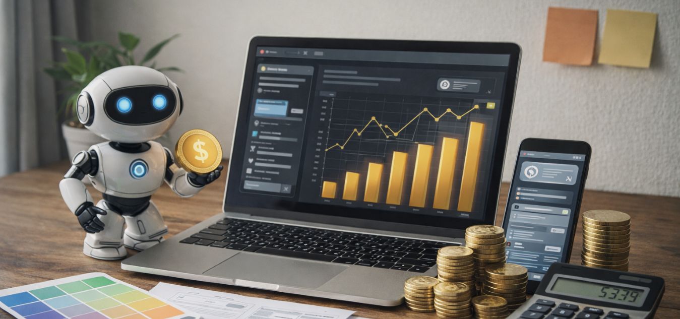 Illustration showing UI and UX design elements, digital interfaces, and AI tools highlighting the cost and workflow impact of UI/UX design in 2026.