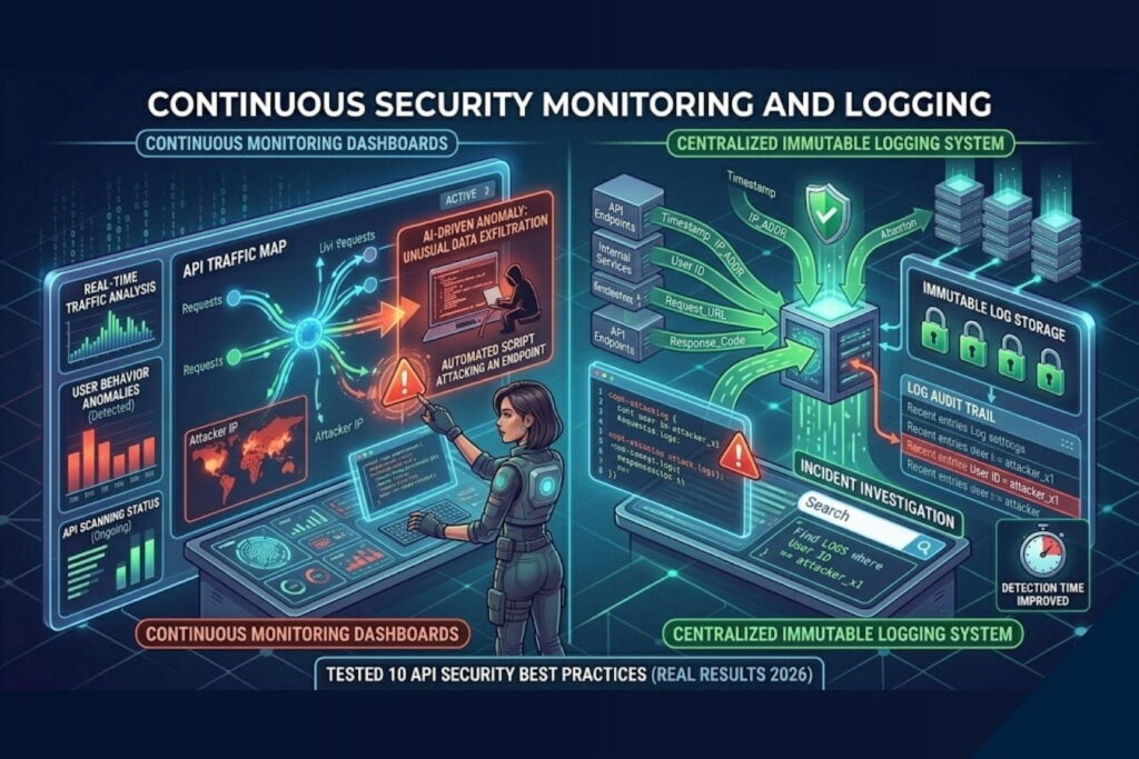Diagram showing continuous security monitoring and logging of APIs to detect threats and vulnerabilities