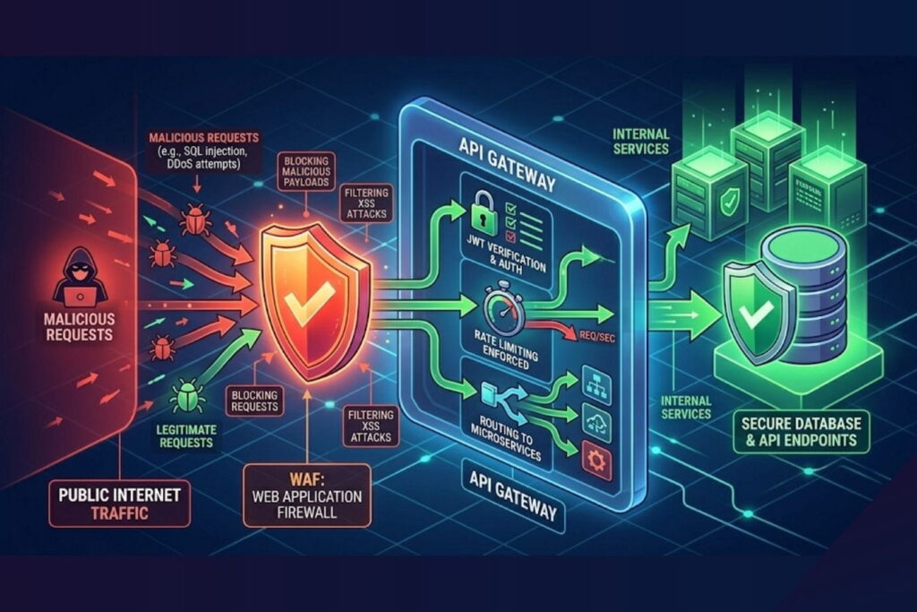 Diagram showing deployment of an API gateway and web application firewall (WAF) for secure APIs