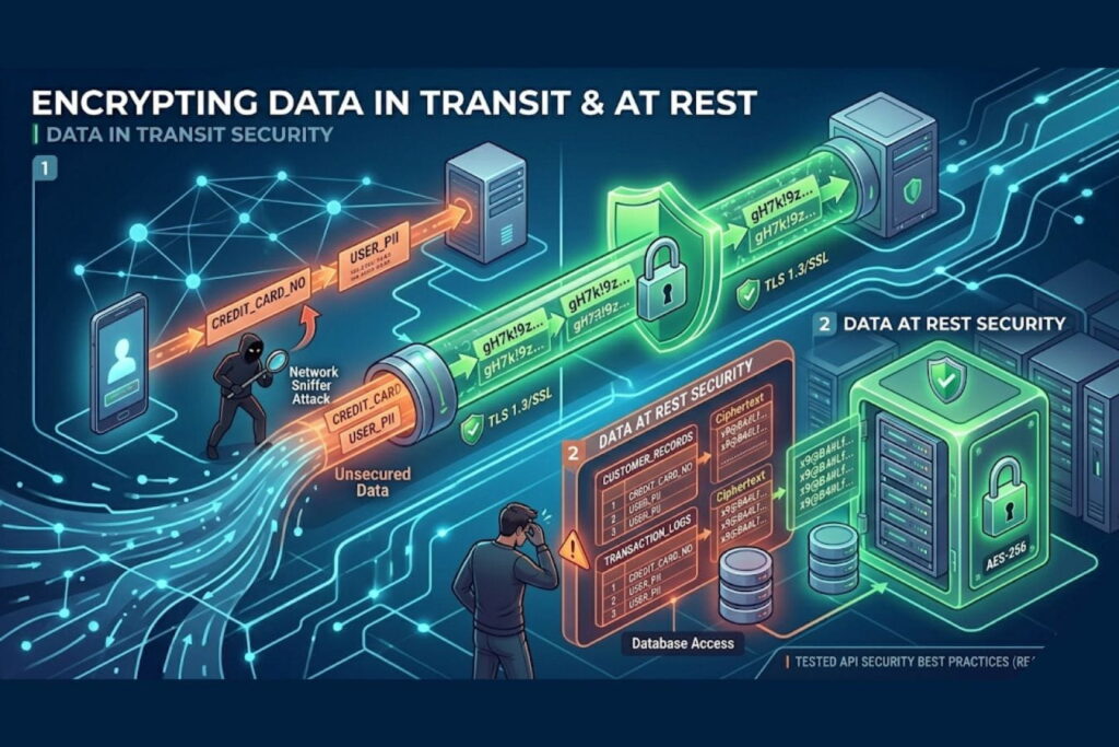 Visual guide illustrating how to secure API data by encrypting it during transmission and storage