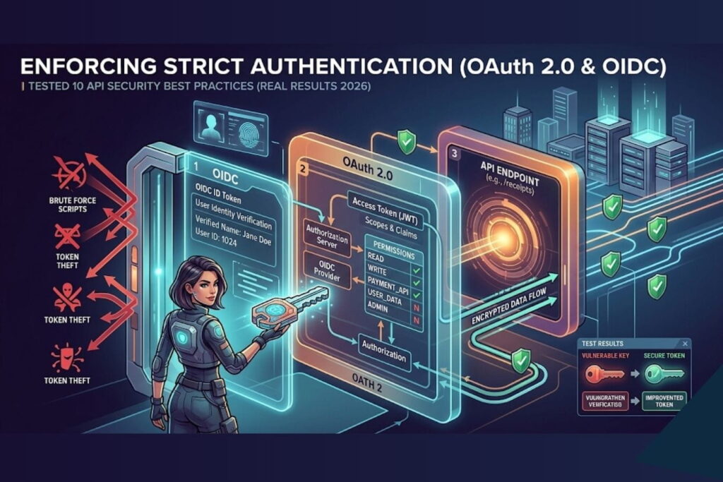 Diagram showing OAuth 2.0 and OIDC authentication workflow for securing APIs