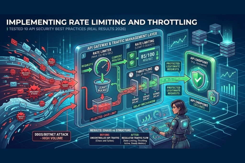 Diagram showing API rate limiting and throttling to prevent abuse and protect server resources