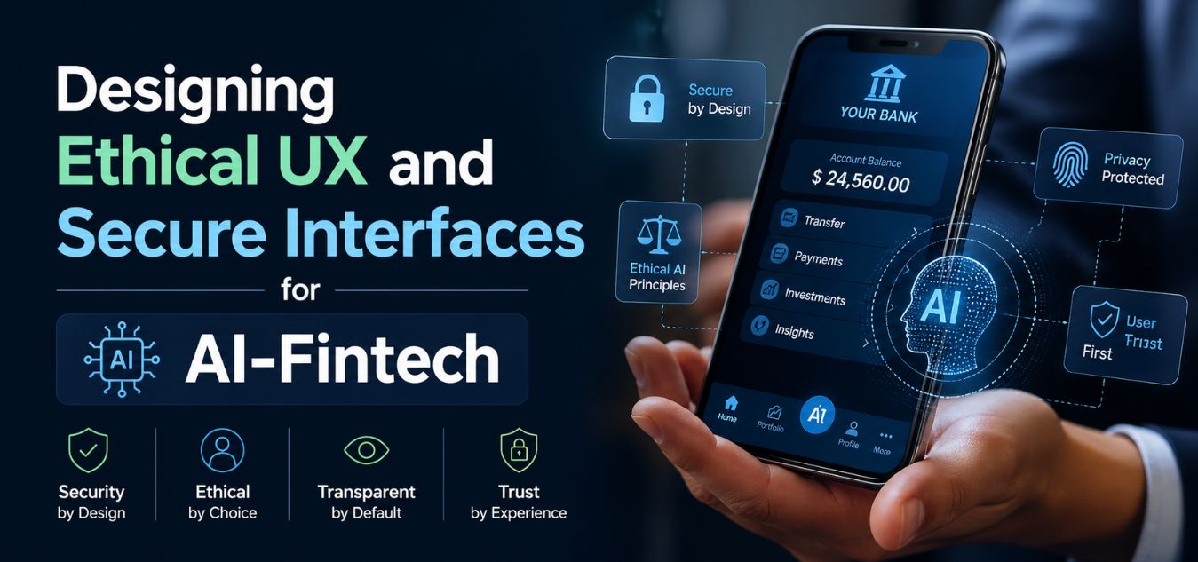Ethical UX and Secure Interfaces for AI-Fintech thumbnail showing secure mobile banking app, AI technology, privacy protection, ethical design principles, trusted fintech user experience, and modern cybersecurity interface.