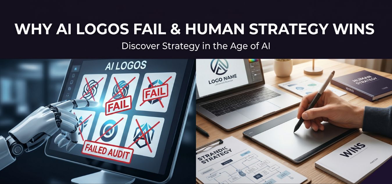 Split-screen comparison of AI-generated logos marked as failures versus a human-led branding strategy. Features a robot hand highlighting AI design flaws and a human designer crafting a strategic logo with branding guides.