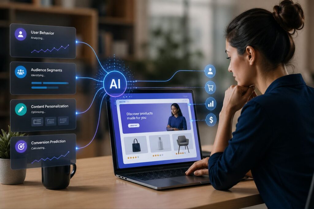 AI-driven conversion design interface showing personalized user experience with data analytics, audience segmentation, and dynamic content optimization on a modern website dashboard