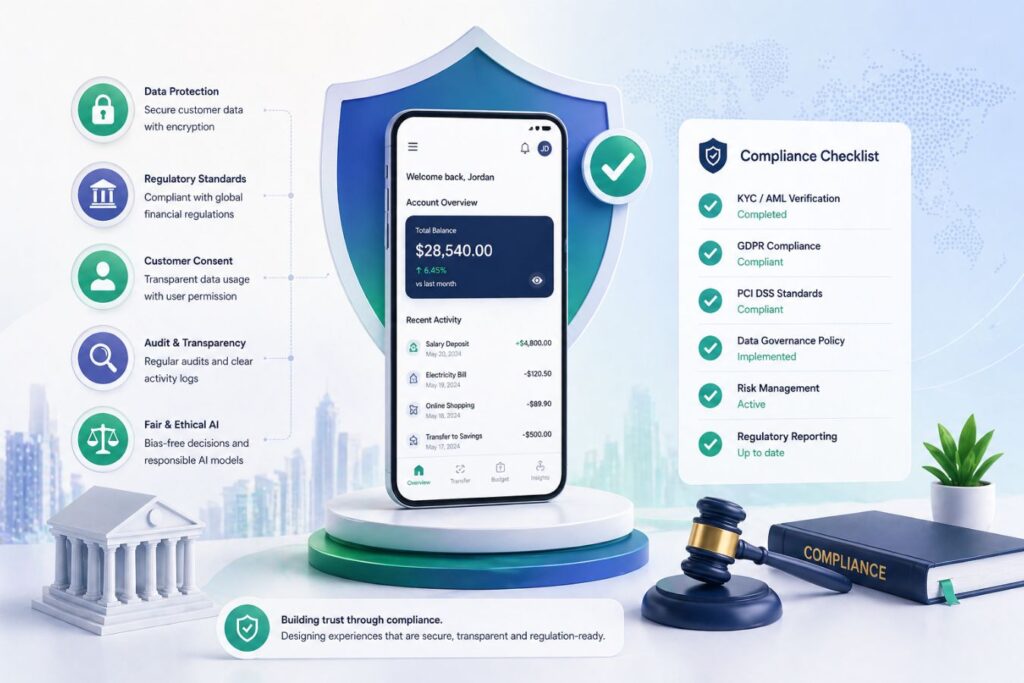 Modern fintech UX interface illustrating regulatory compliance, secure data handling, ethical AI systems, and user-friendly financial dashboard with privacy and governance features
