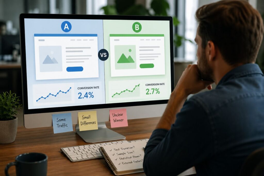 Professional marketer analyzing traditional A/B testing dashboards showing similar conversion rates, highlighting limitations of static testing in modern AI-powered personalization and conversion design.