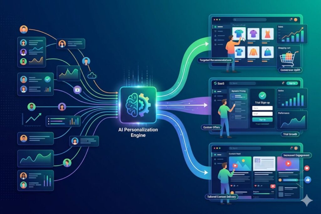 A professional infographic illustrating an AI Personalization Engine processing user data to create tailored digital experiences, including targeted recommendations and custom SaaS offers, to enhance conversion design.