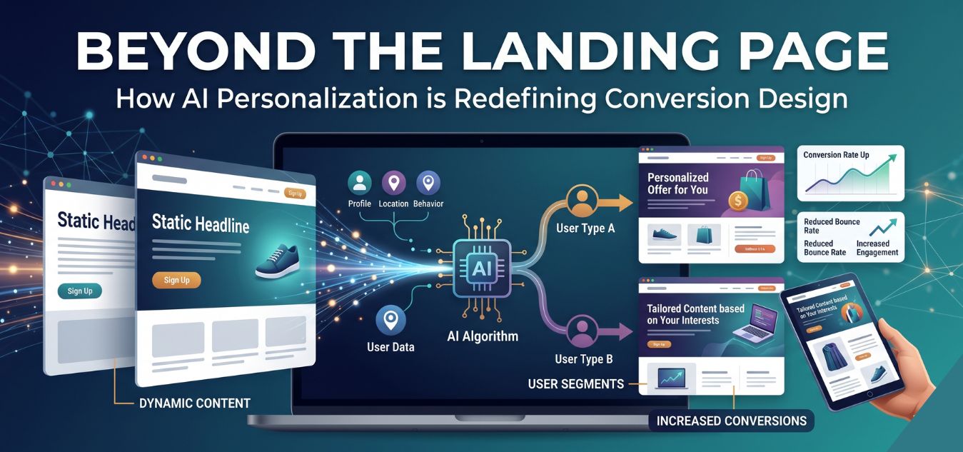 A professional digital illustration titled "Beyond the Landing Page," showing an AI algorithm processing user data to create personalized website interfaces and tailored content for different user segments to improve conversion rates.