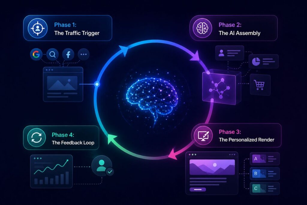 AI personalization real-time conversion loop infographic showing traffic trigger, AI assembly, personalized render, and feedback loop in conversion design.