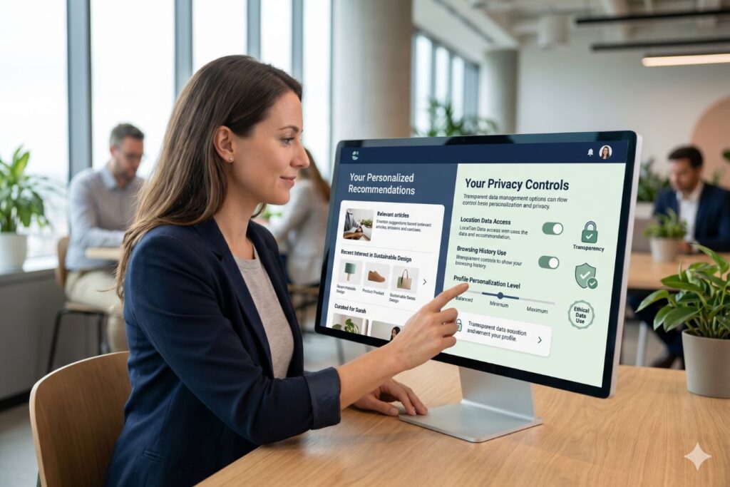 A professional woman in a modern office interacting with a digital interface that displays a balance between AI-personalized recommendations and transparent user privacy controls, illustrating ethical UX design in conversion optimization
