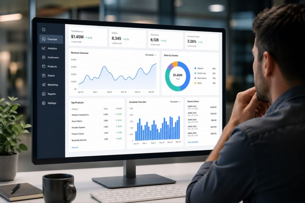 AI-powered dashboard interface displaying real-time analytics, data visualization charts, and performance metrics on a modern desktop screen in a professional workspace