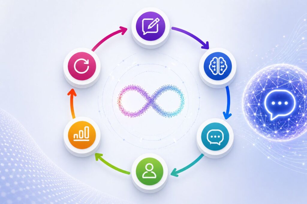 Modern LLM UX loop infographic showing a circular generative AI workflow with connected icons, illustrating user input, large language model processing, AI response, user interaction, learning, and continuous improvement in a clean futuristic interface design