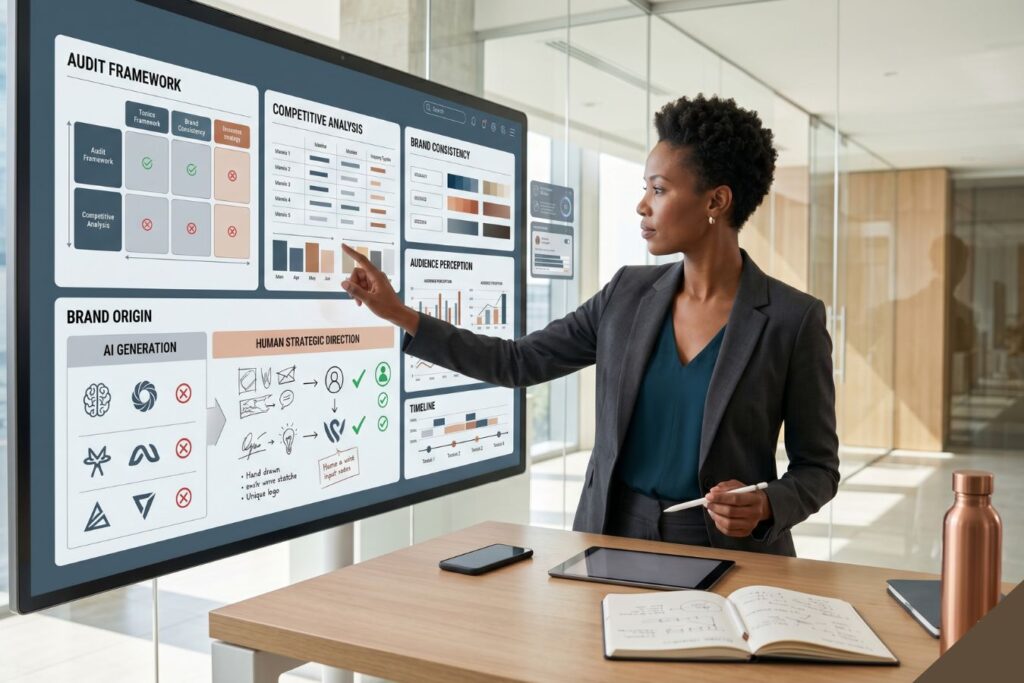 A professional designer performing a comprehensive 2026 branding audit on a large digital touch-screen. The interface displays an audit framework, competitive analysis, and a direct comparison between generic AI generation and human strategic direction. A clean, modern office setting reinforces the agency's expertise in professional brand identity and UI/UX strategy.