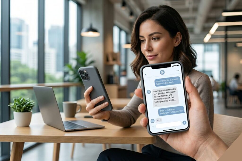 A professional woman in a modern office setting interacting with a conversational AI chatbot on a smartphone, demonstrating a clean and user-friendly chat interface for business data.