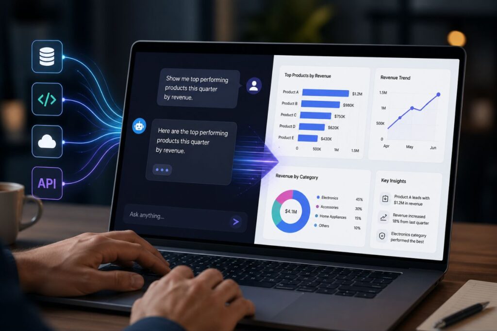 Modern AI interface showing conversational UI chat alongside analytics dashboard, highlighting fast tech stack integration, data visualization, and real-time performance insights in a professional workspace setting