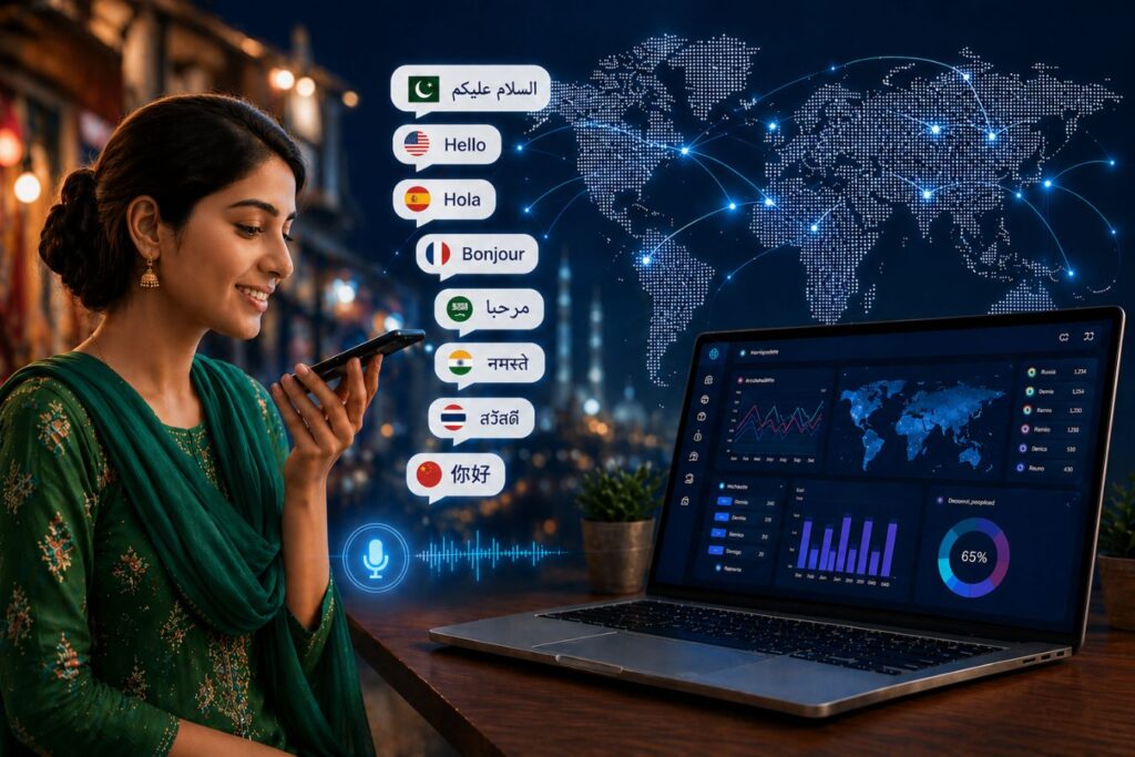 Conversational UI vs dashboards illustration showing AI localization in emerging markets with multilingual voice interface, global connectivity map, analytics dashboard, and flag representing regional adaptation and user experience optimization.