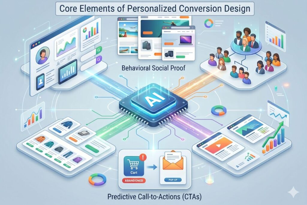 An isometric infographic, 'Core Elements of Personalized Conversion Design,' illustrating an integrated AI-driven marketing system. A central blue 'AI' chip connects to six detailed panels: 'USER DATA & INSIGHTS' with analytics; 'DYNAMIC CONTENT TAILORING' with personalized website layouts; 'SMART AUDIENCE SEGMENTATION' with diverse user groups; 'PREDICTIVE RECOMMENDATIONS' with product grids; 'BEHAVIORAL TRIGGERS' (showing an abandoned cart and an offer email); and 'A/B TESTING & OPTIMIZATION' with comparison charts and graphs. The image features smaller labels for 'Behavioral Social Proof' and 'Predictive Call-to-Actions (CTAs)' on a modern, clean, light blue background.