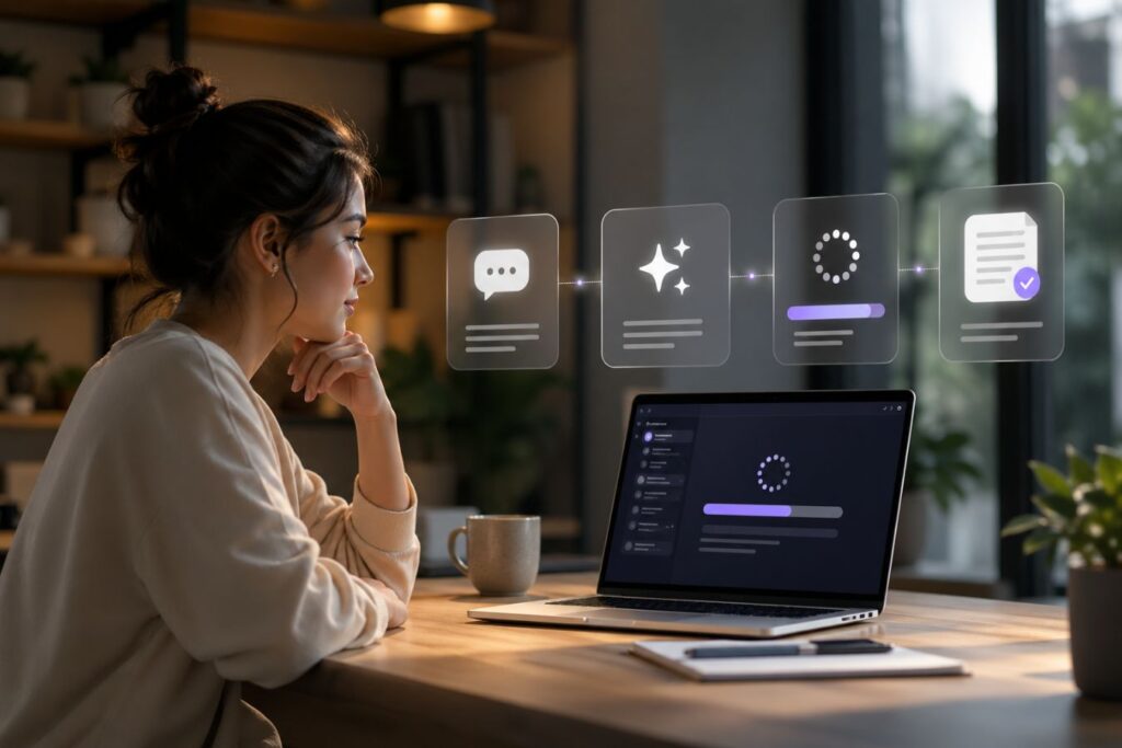 Woman using a laptop with AI interface loading animations, illustrating latency-aware UI/UX design for generative AI and LLM-based applications.