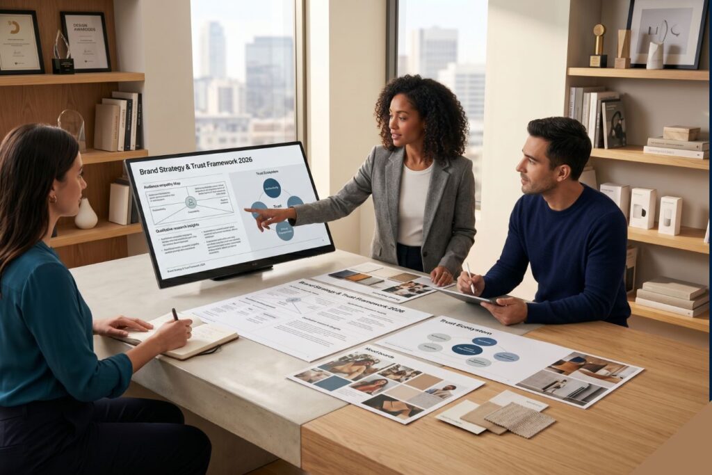 A professional creative team collaborating on a Brand Strategy and Trust Framework in a modern corporate office. The scene showcases a group analyzing a digital display and printed strategic documents, emphasizing the role of human empathy and expert-led design in building brand trust during the generative era.