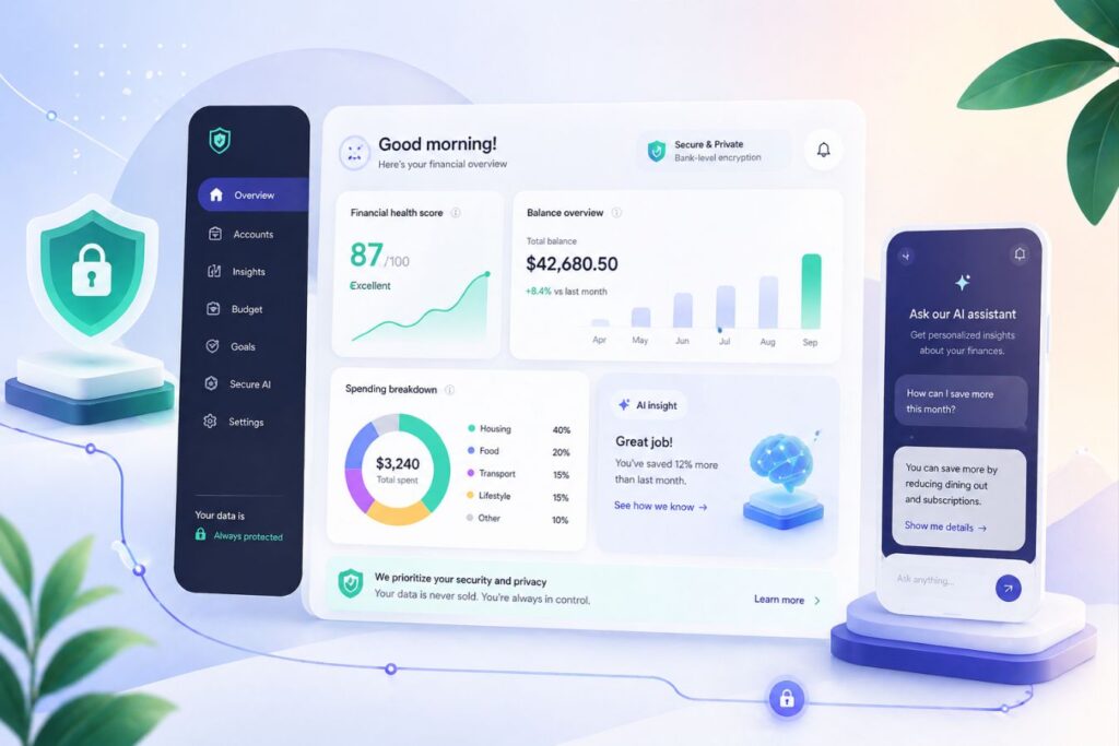 Modern AI fintech dashboard interface showing secure data visualization, privacy-focused UX design, financial insights, and user-friendly analytics for stress-free money management