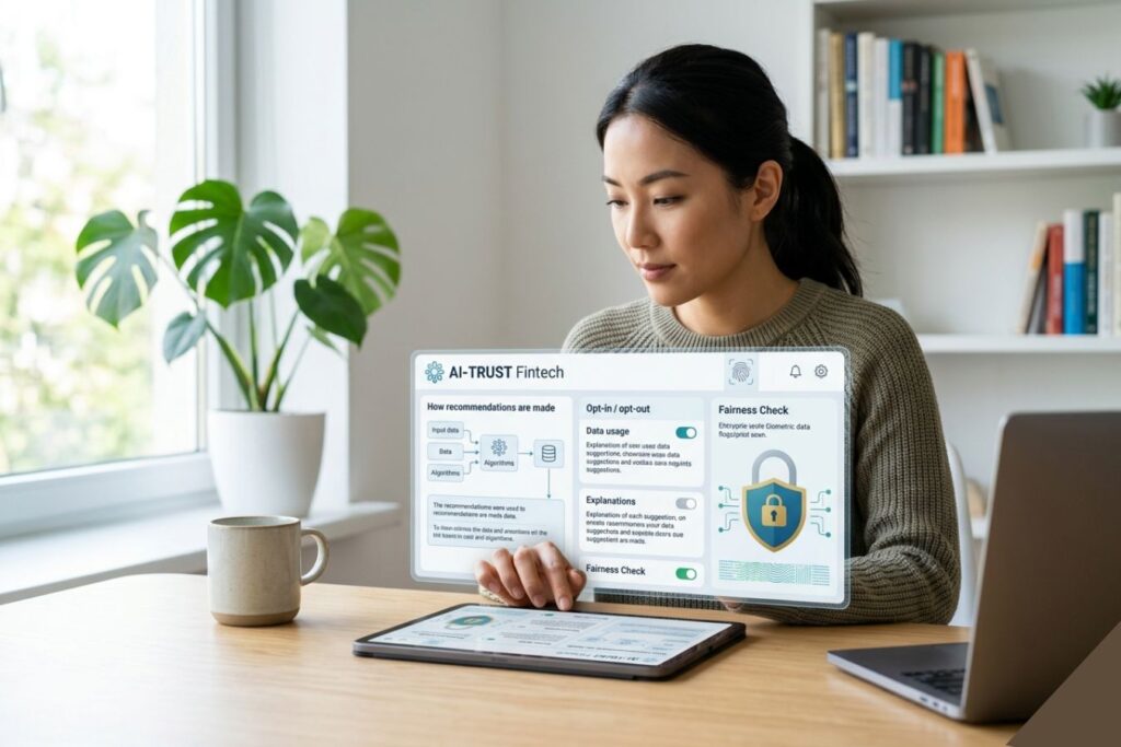 A professional woman interacting with a clean, modern AI-Fintech interface on a tablet, featuring transparent overlays for data privacy, ethical AI explanations, and secure biometric authentication in a bright, minimalist workspace.