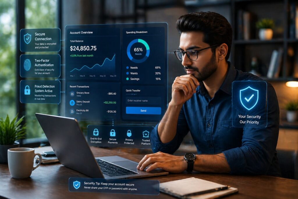Ethical UX and secure AI fintech interface showing a professional user interacting with a protected financial dashboard featuring biometric authentication, encryption, and seamless user experience design