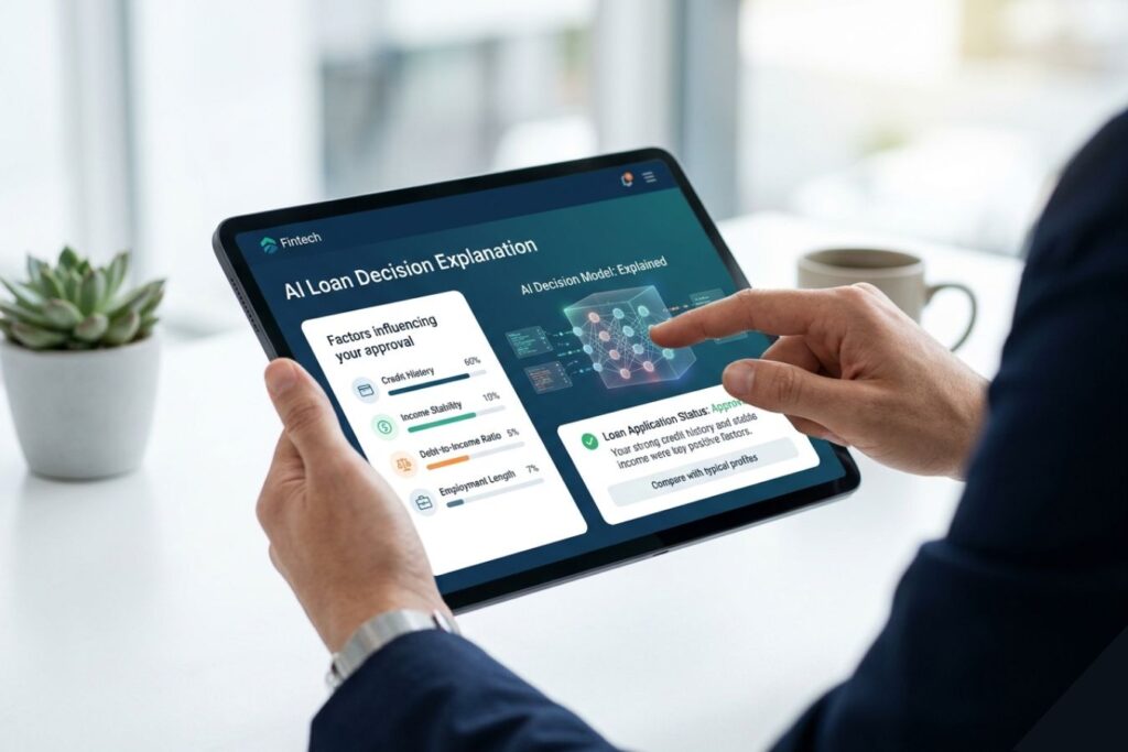 A modern fintech interface on a tablet held by a professional, showcasing a transparent AI decision-making dashboard. The design uses clear data visualizations and progress bars to explain complex algorithms, illustrating the concept of demystifying the 'black box' in ethical UX design.
