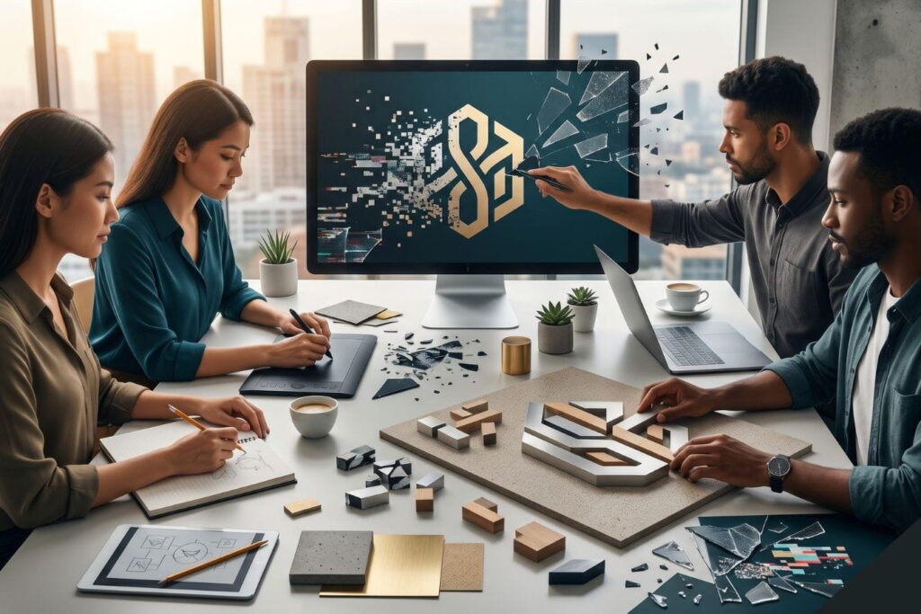 A professional creative team in a modern office collaborating to fix a broken brand identity by reconstructing a fragmented logo on a digital screen. The scene includes hand-drawn sketches and physical brand elements, highlighting a strategic, human-led approach to rebranding and design.