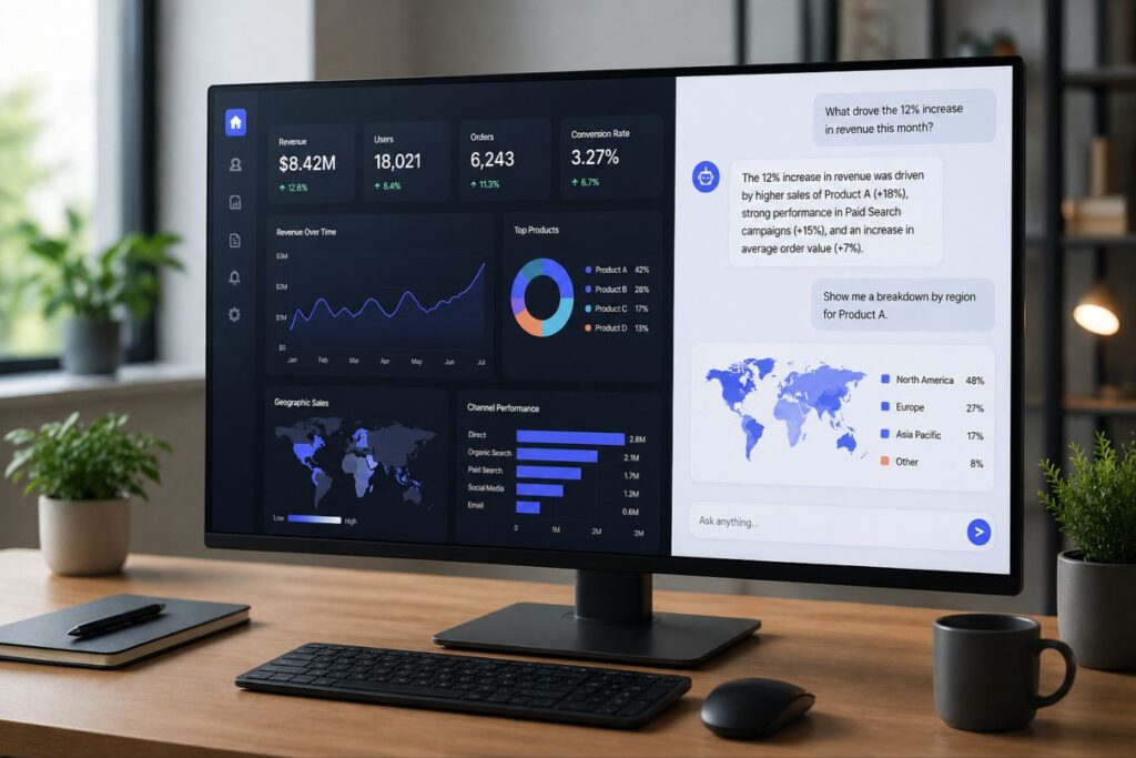Modern AI hybrid co-pilot interface showing a split-screen dashboard and conversational UI, featuring analytics charts, insights panel, and a clean professional workspace setup.