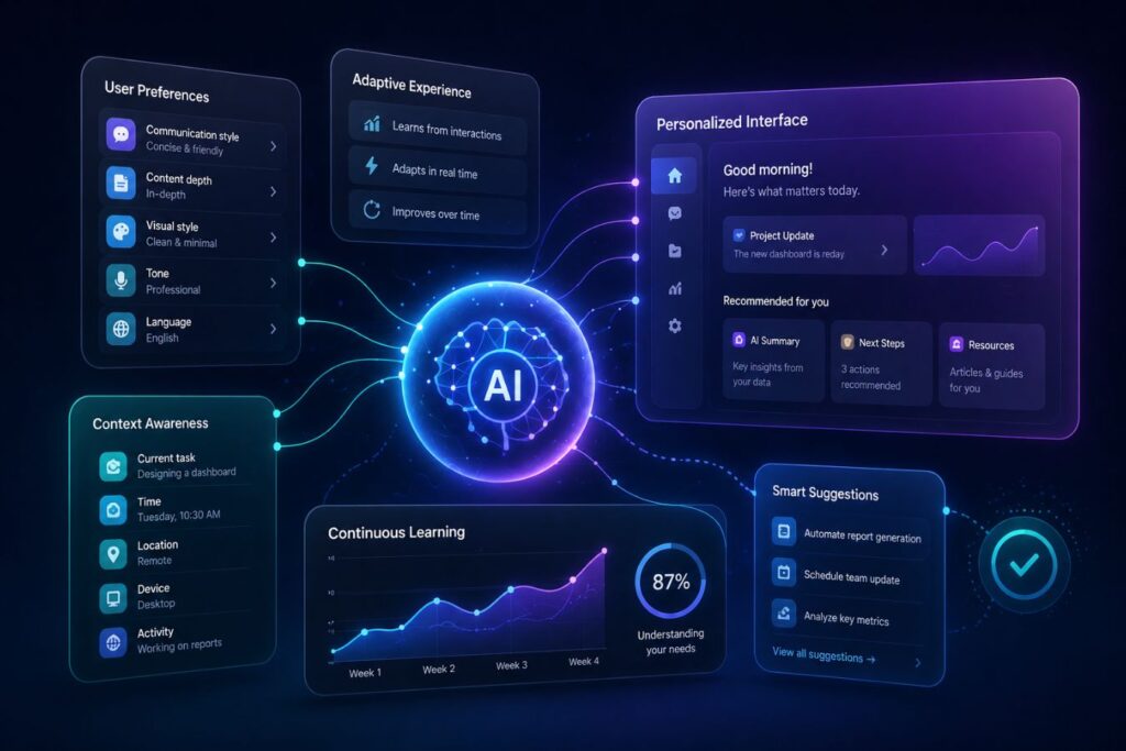 A detailed infographic illustrating a future-state hyper-personalized adaptive user interface (UI) design. The complex dark-mode dashboard features a central AI brain core connected to multiple data panels including User Preferences (communication, style, tone), Context Awareness, Adaptive Experience, Continuous Learning progress with a graph, Smart Suggestions, and a fully customizable Personalized Interface with daily updates and tailored content recommendations. This visual represents an advanced design framework for Large Language Models (LLMs) and generative AI applications.