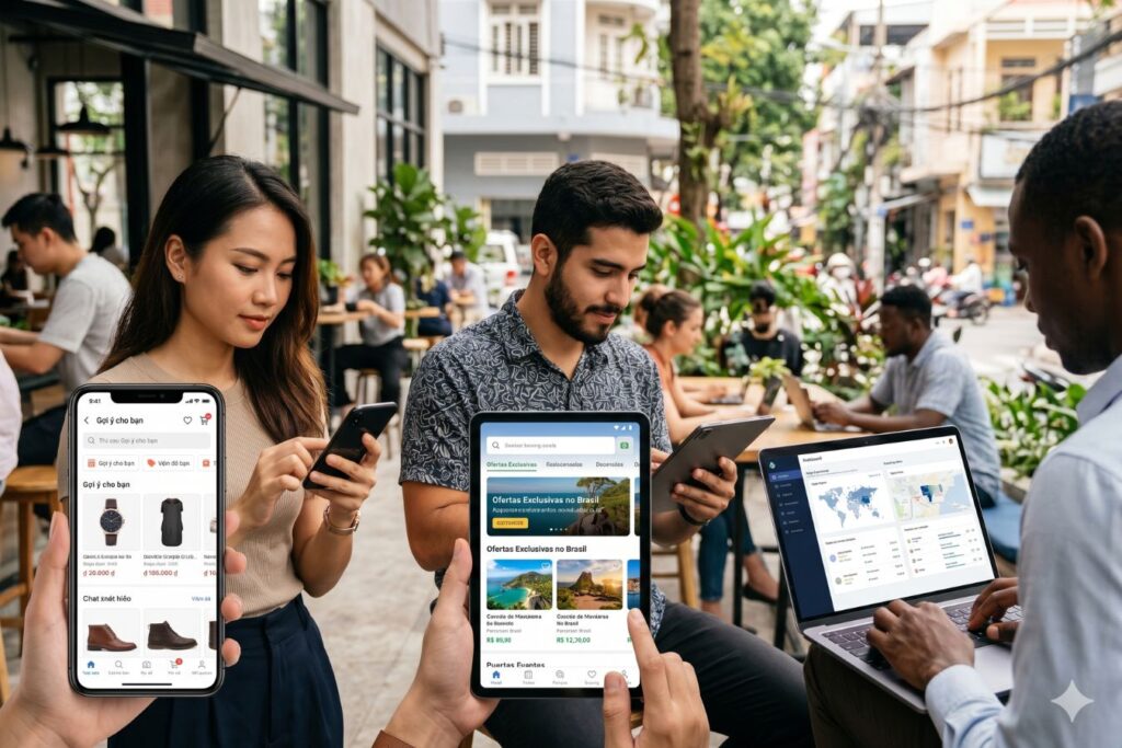 A diverse group of users in an urban outdoor setting interacting with localized, AI-powered e-commerce interfaces on a smartphone, tablet, and laptop, illustrating personalized conversion design for emerging markets.