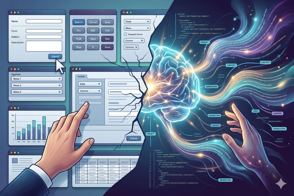 A professional conceptual graphic comparing traditional form-based user interfaces with modern, fluid generative AI interfaces, highlighting the evolution of UI/UX design for Large Language Models (LLMs).