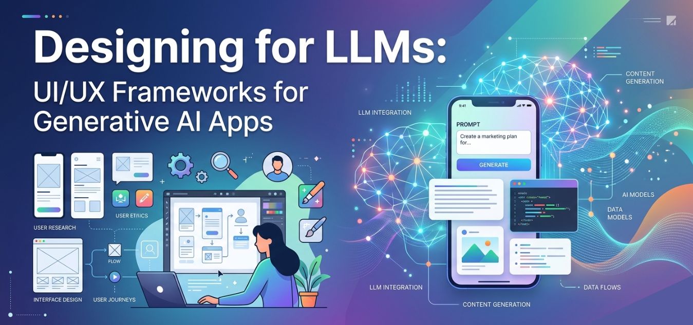 A digital workspace illustrating UI and UX design frameworks for LLM generative AI apps, featuring wireframes, user journeys, and neural network graphics.