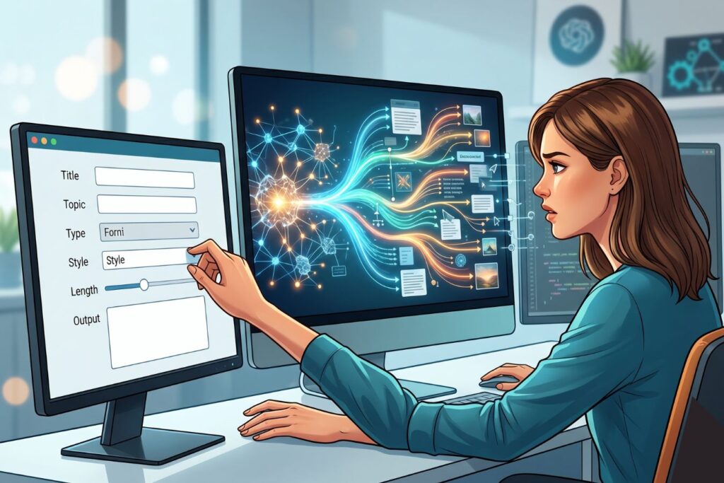 A professional illustration of a woman using a traditional user interface on one screen to control a generative AI and neural network visualization on another, showcasing the UX design shift for LLMs