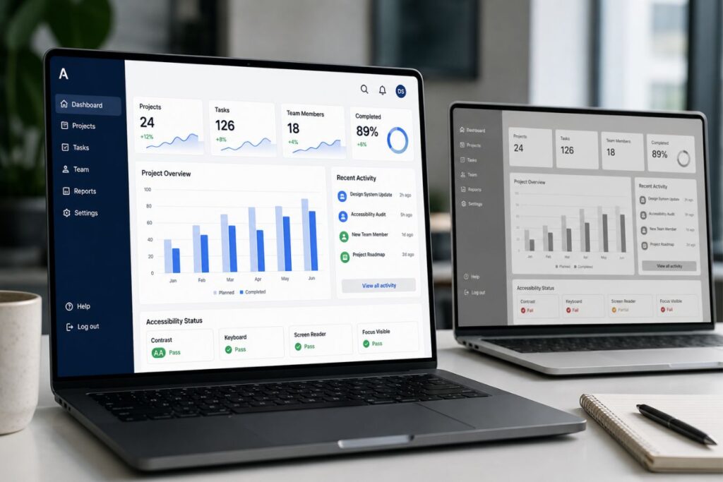 Modern WCAG-compliant SaaS dashboard interface showing accessible and user-friendly design with clean UI, readable layouts, accessibility indicators, and professional web application styling.