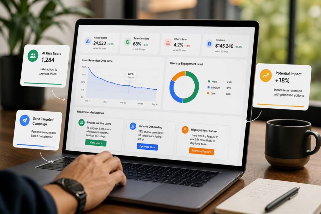 Action-oriented minimal data dashboard design showing user retention metrics, churn analysis, and actionable insights for improving user engagement and reducing churn