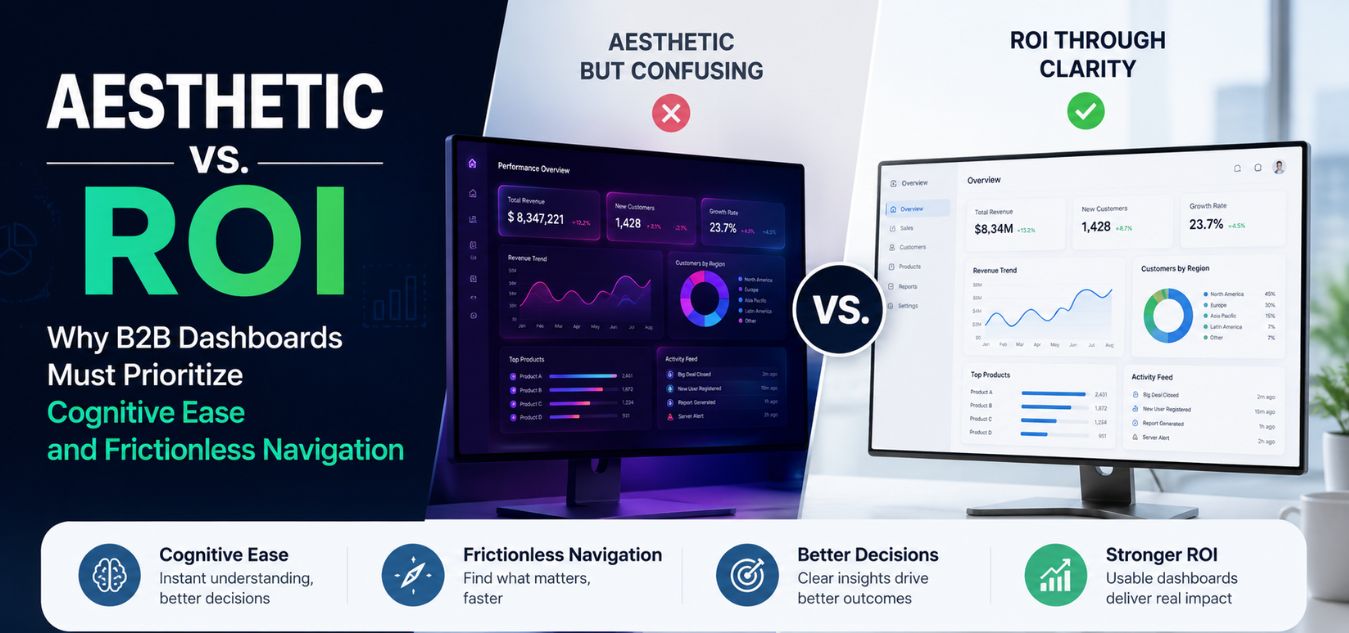 Modern B2B dashboard comparison showing aesthetic-focused vs ROI-focused UI design, highlighting cognitive ease, frictionless navigation, usability, and data-driven business performance.