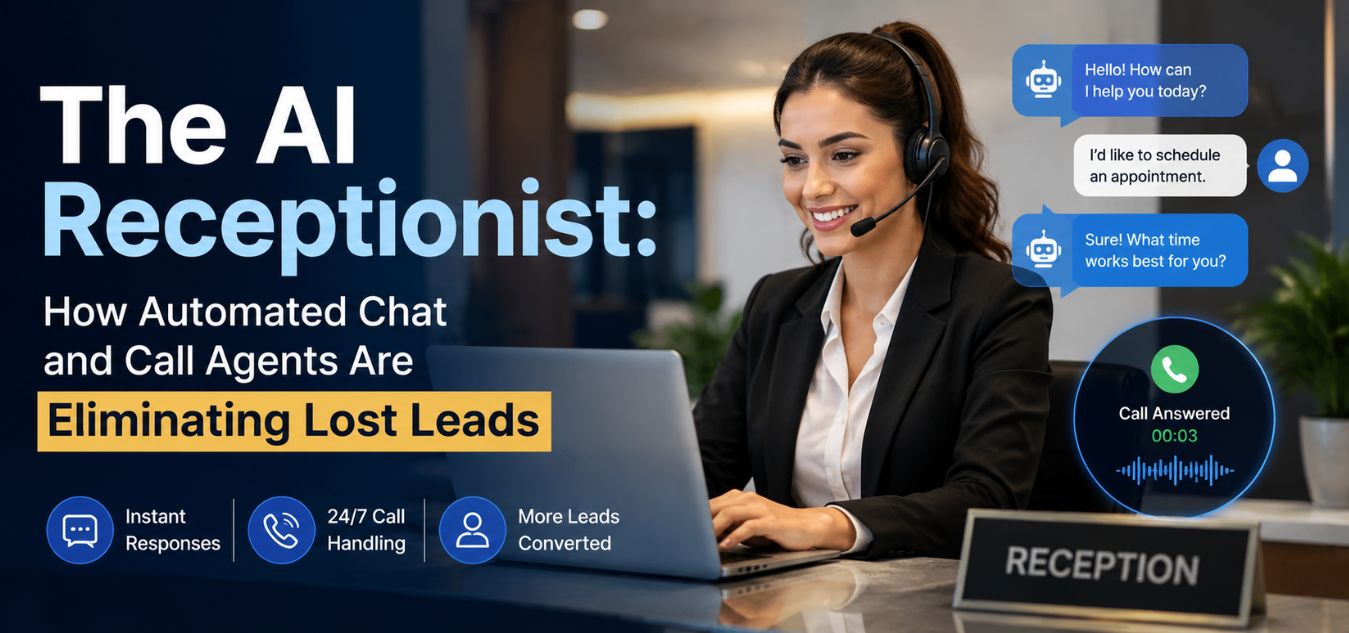 Professional AI receptionist handling automated chat and call support on a laptop, illustrating how AI-powered virtual receptionists eliminate lost leads through 24/7 customer engagement and smart call automation.