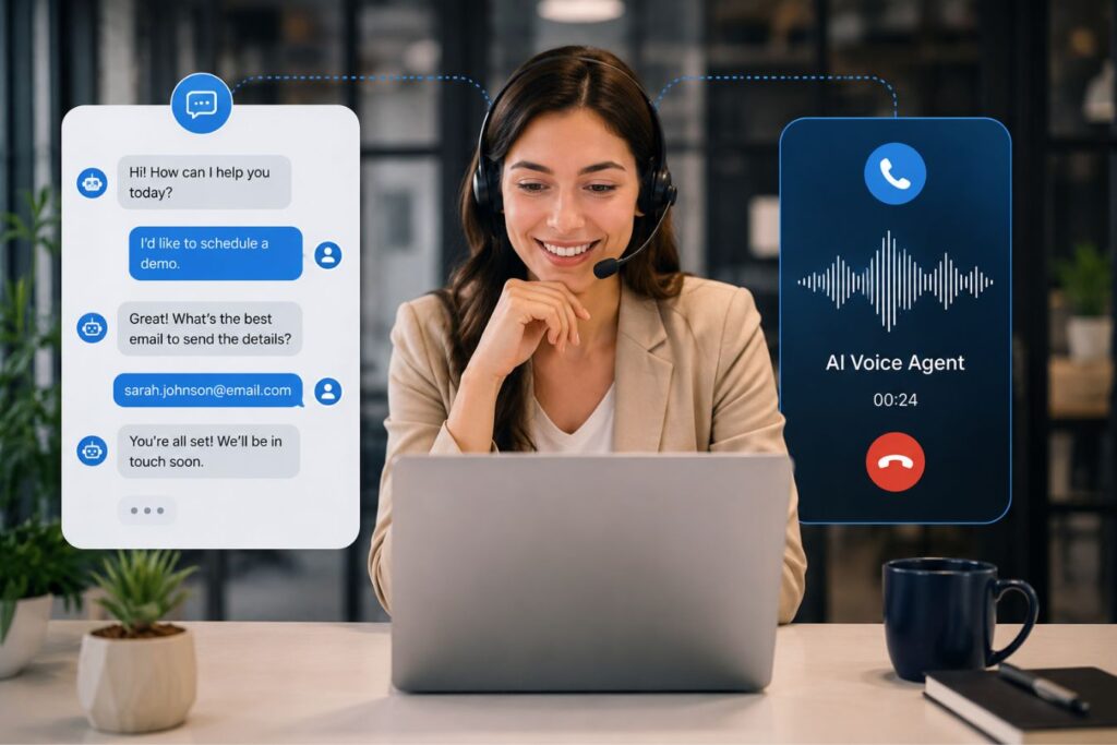 Professional AI receptionist using automated chat and voice call agents on a modern business dashboard to capture customer leads through conversational AI support.