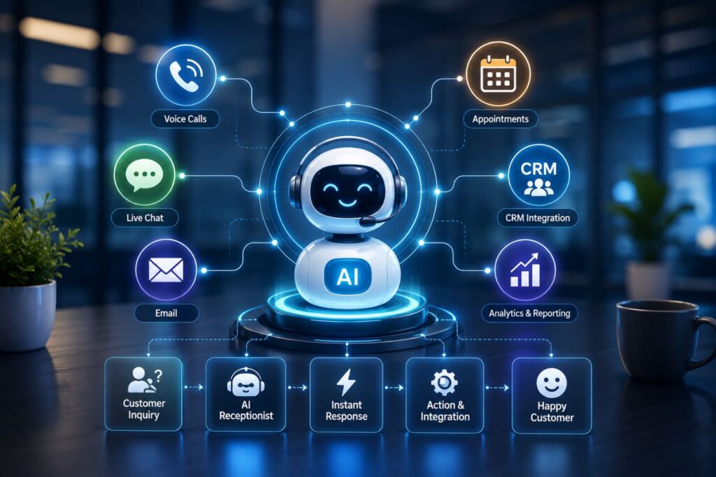 AI receptionist system integrating live chat, voice calls, CRM, email, analytics, and business automation tools through a futuristic full-stack AI interface in a modern digital workspace.