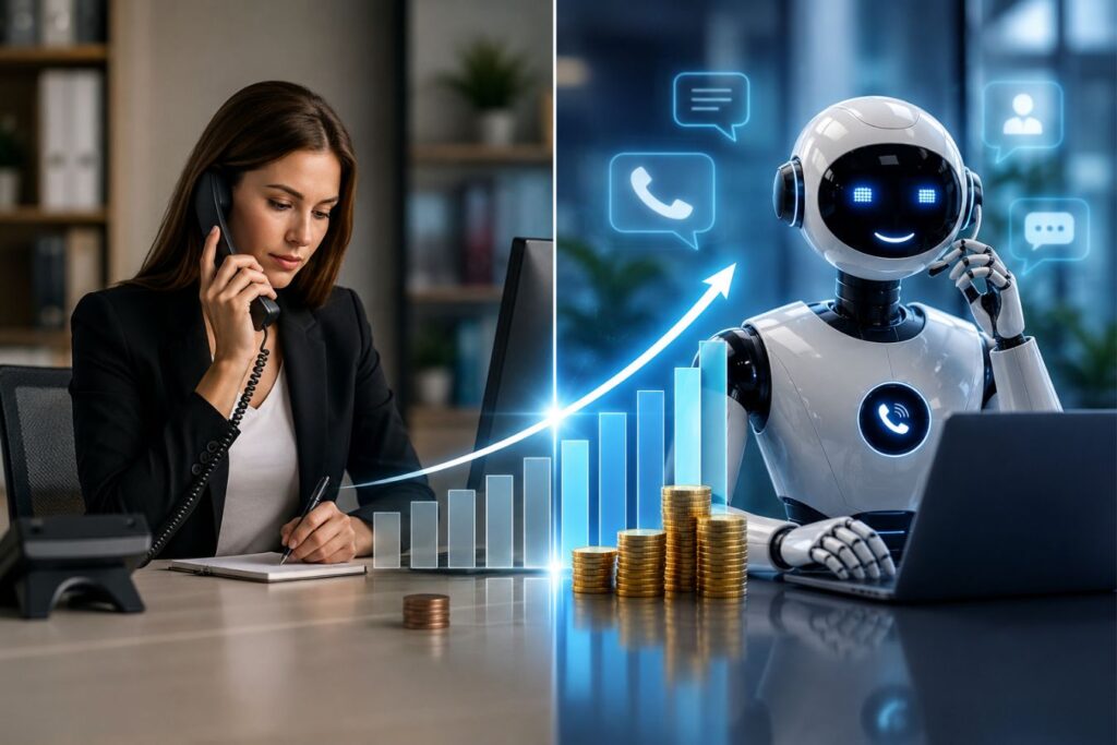 comparison of a human receptionist and AI call agent showing the financial ROI of AI-powered customer support, automated chat systems, and lead generation technology in a modern business environment.