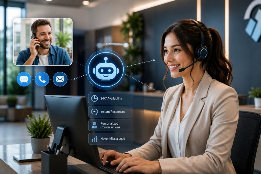 Professional AI receptionist assisting customers through automated chat and call support in a modern office environment, showcasing advanced AI agents for lead management and customer communication.