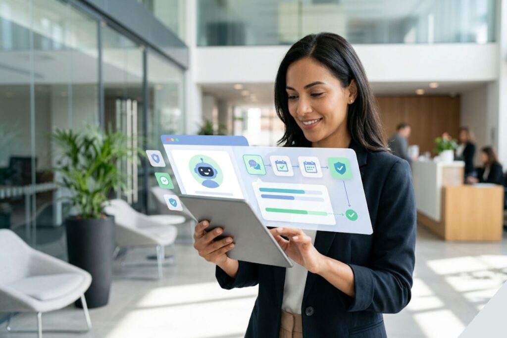 A professional businesswoman interacting with a clean, modern AI receptionist interface on a tablet, showcasing user-friendly UI/UX design and automated lead generation in a bright office.