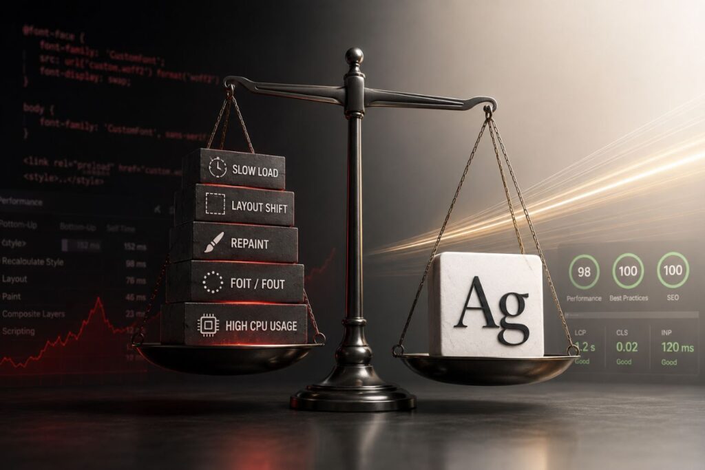 Professional illustration showing the algorithmic cost of unoptimized CSS fonts, featuring a balance scale comparing slow-loading custom fonts and performance issues against optimized typography, highlighting the impact on Core Web Vitals, website speed, user experience, and premium brand aesthetics.