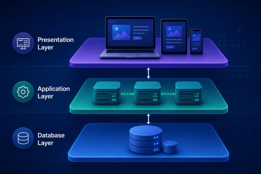 Software architecture diagram explaining how to solve scaling and performance bottlenecks using the 3 layers of application scaling: database layer, application layer, and presentation layer