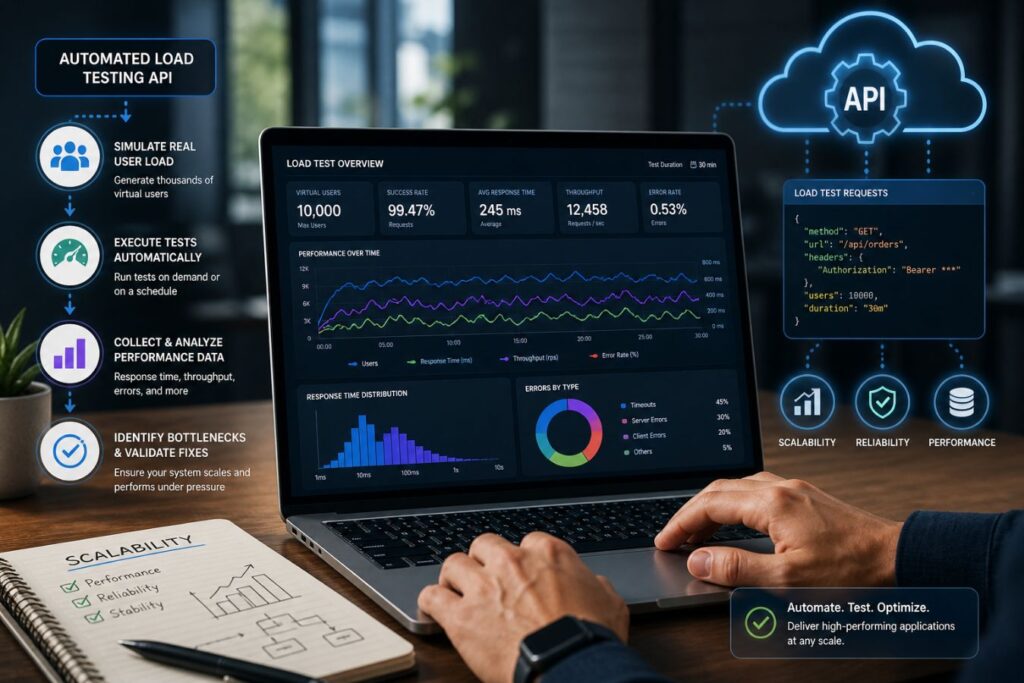 Automated load testing APIs dashboard showing performance metrics, scalability analysis, and real-time system monitoring in a modern development environment