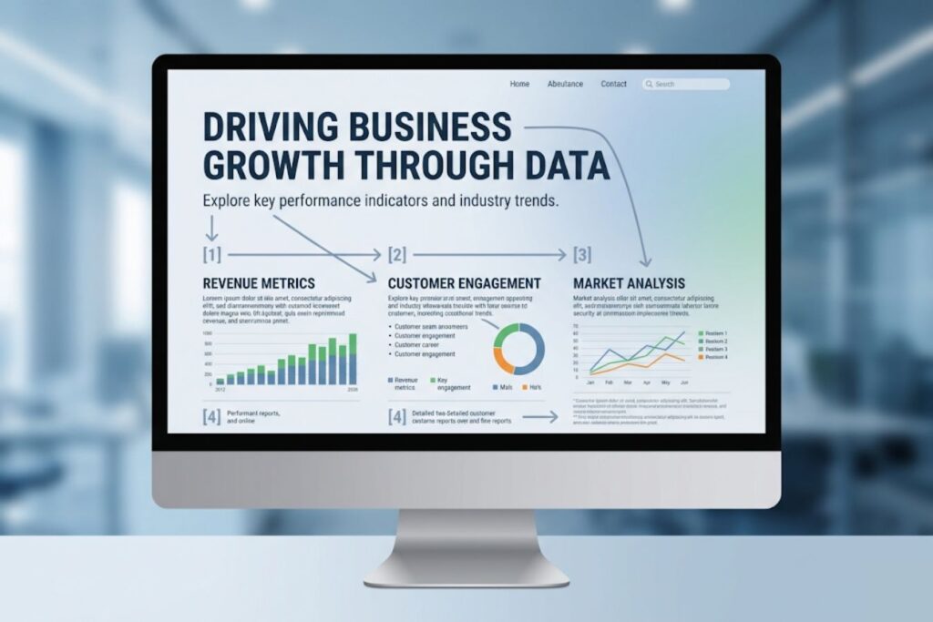 A professional desktop monitor displaying a B2B web interface with a clear visual hierarchy, utilizing clean sans-serif typography, organized data charts, and a modern layout to establish brand trust.