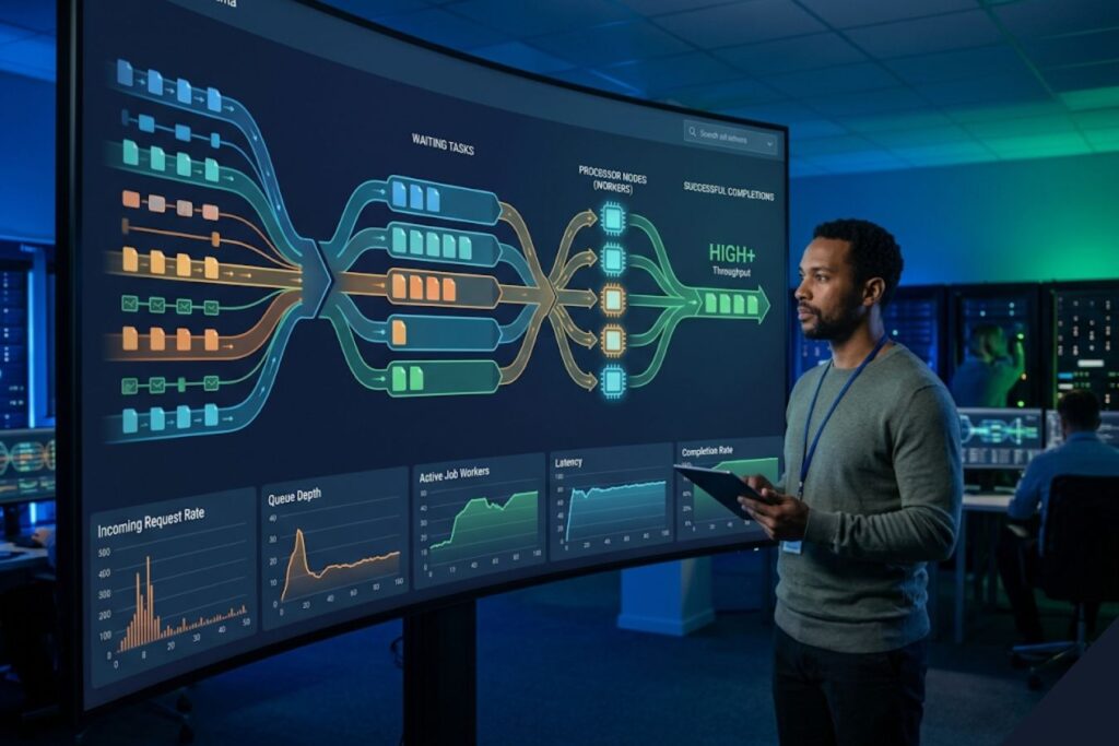 An intricate architectural deep-dive visualization showing the lifecycle of background jobs. Multiple priority-tiered queues channel incoming tasks to parallel processing worker nodes, with successful jobs flowing to a completion state and failed jobs to a dead letter queue, all monitored by real-time metrics for queue depth, worker activity, and system health.