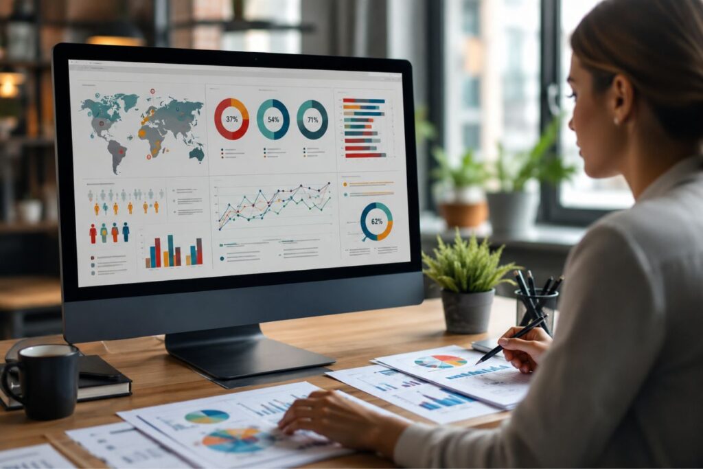 Professional designer analyzing custom infographic data dashboards and visual analytics on a modern workstation for bespoke infographic content creation and Google Image ranking optimization.